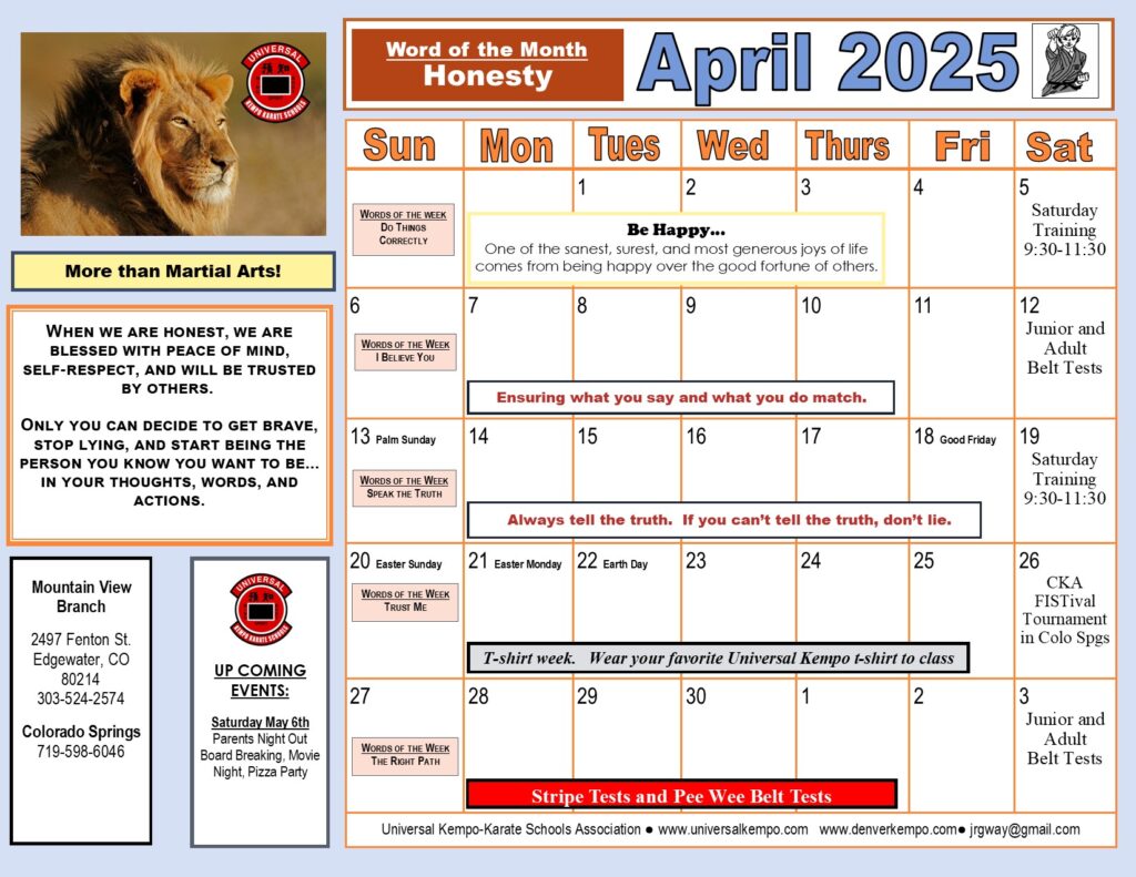 Class calendar for April 2025