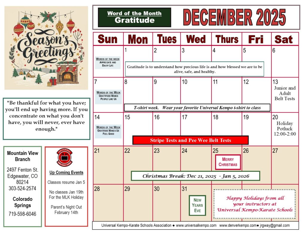Class calendar for December 2025