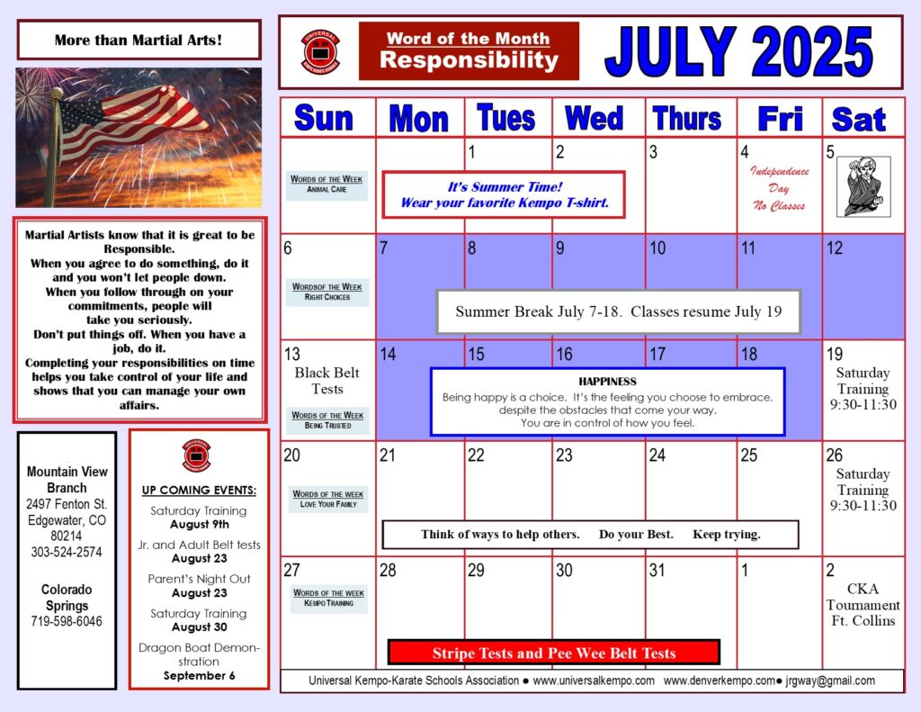Class calendar for July 2025