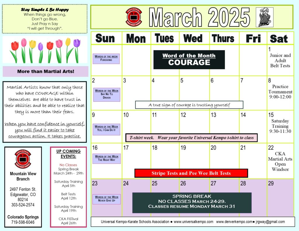 Class calendar for March 2025