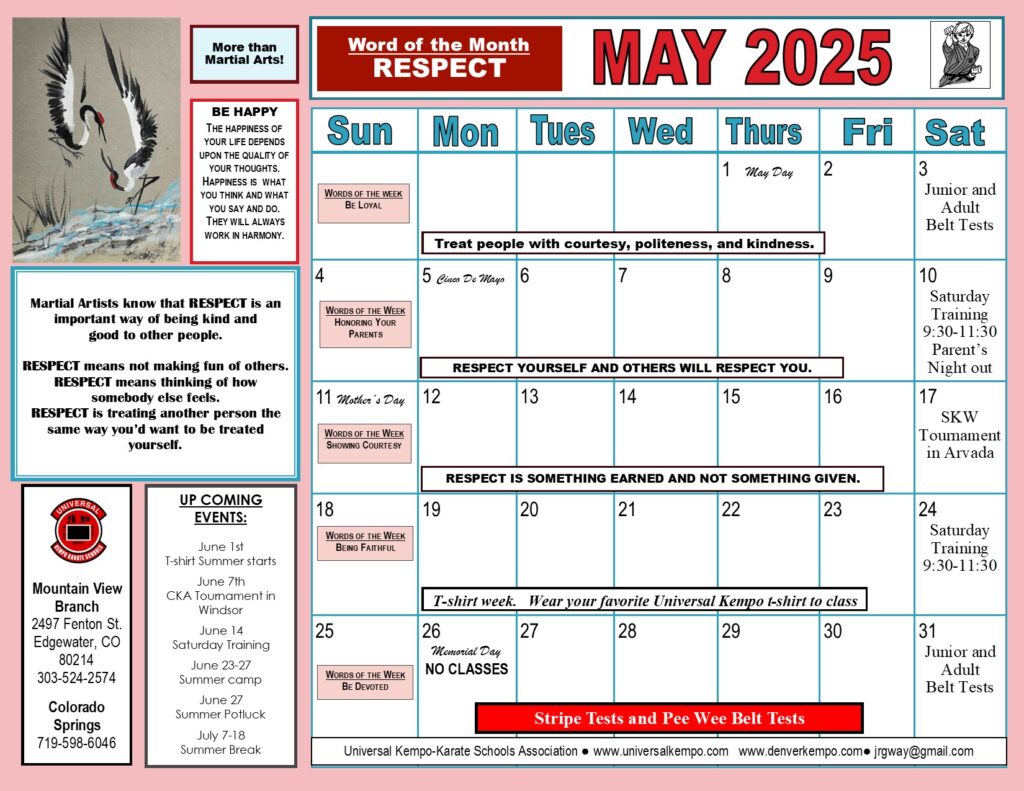 Class calendar for May 2025