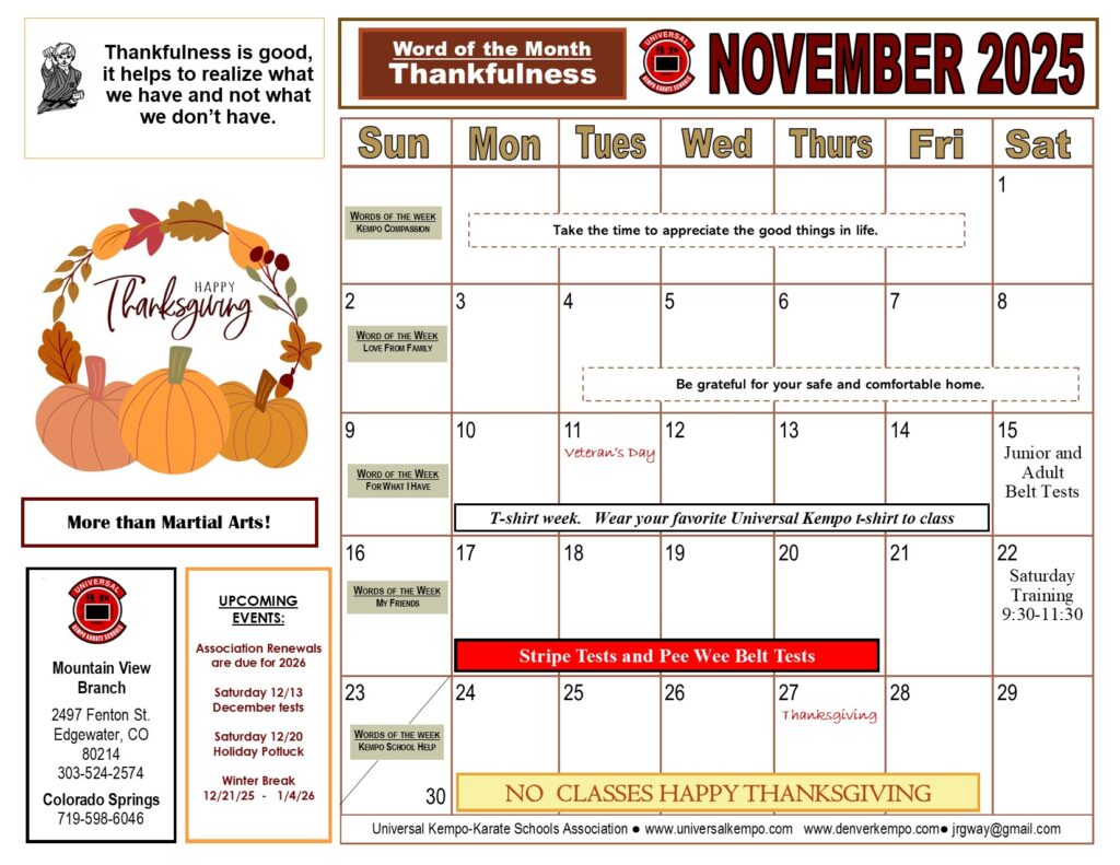 Class calendar for November 2025