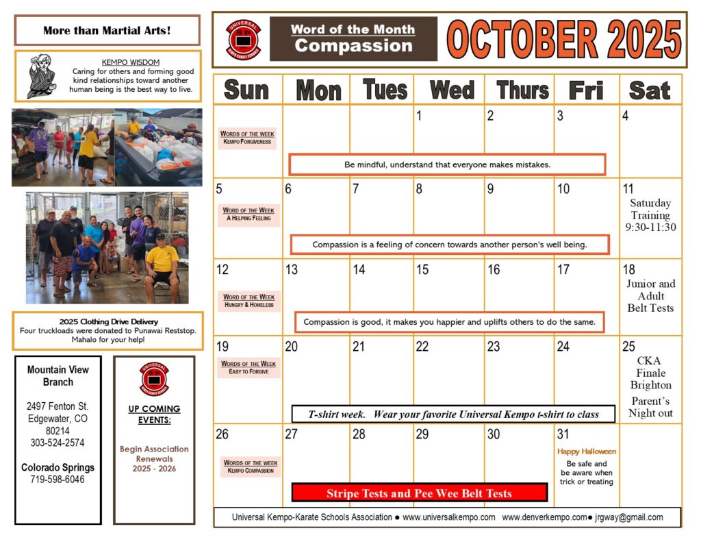 Class calendar for October 2025