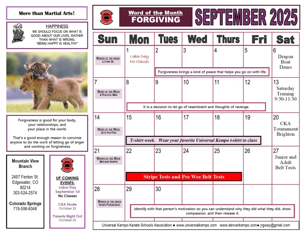 Class calendar for September 2025