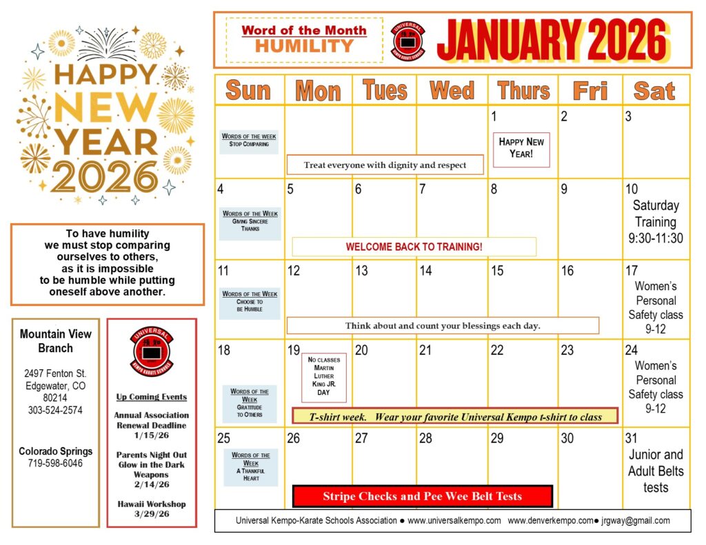 Class calendar for January 2026