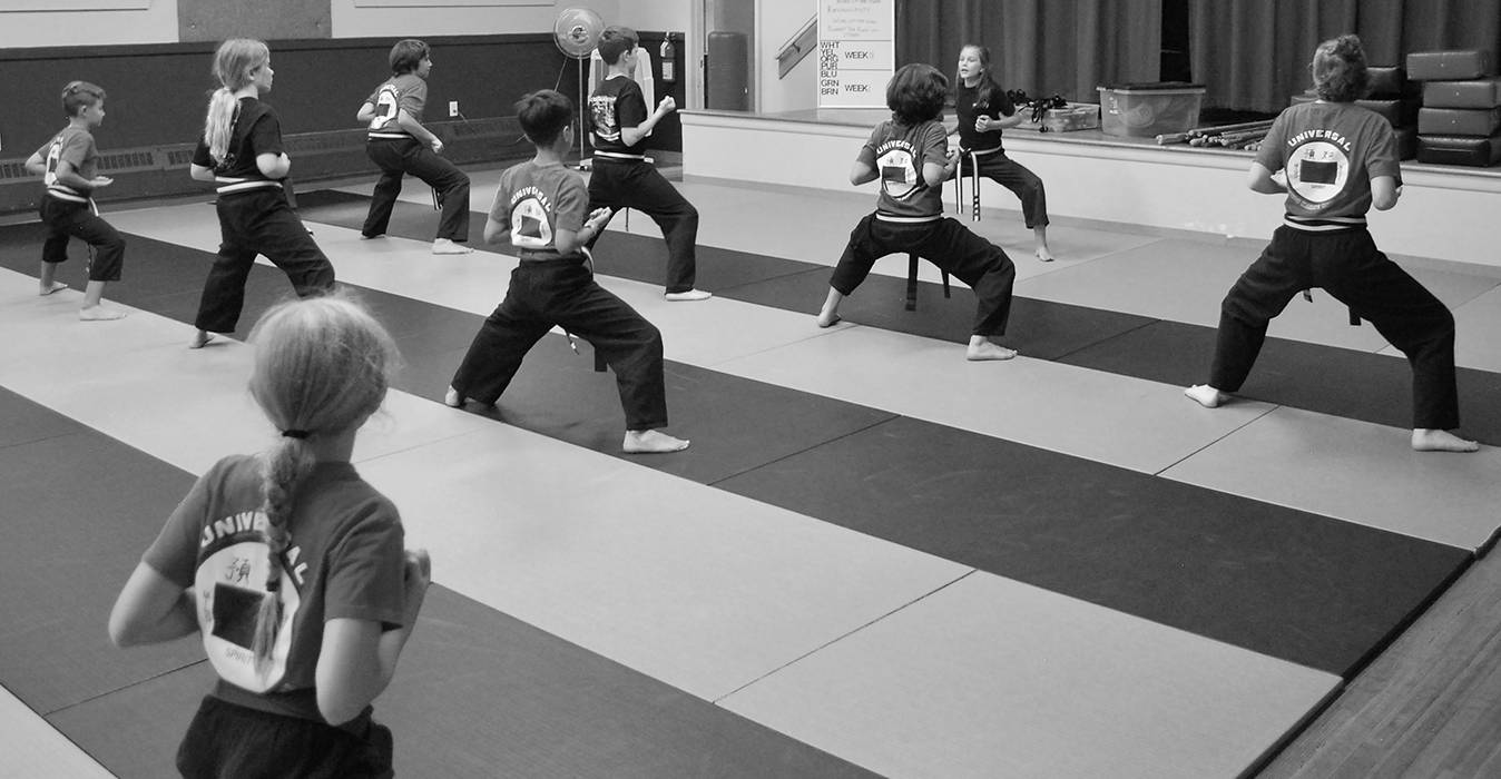 Students practicing martial arts techniques